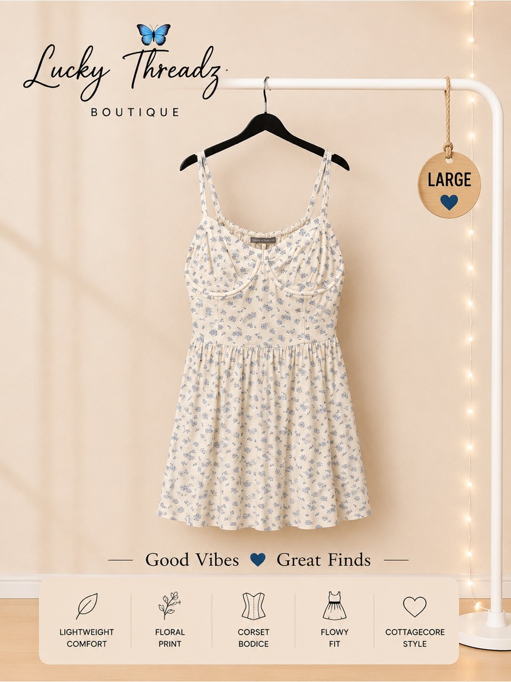 Abercrombie Floral Mini Dress Cream Blue Corset Cottagecore Size Large